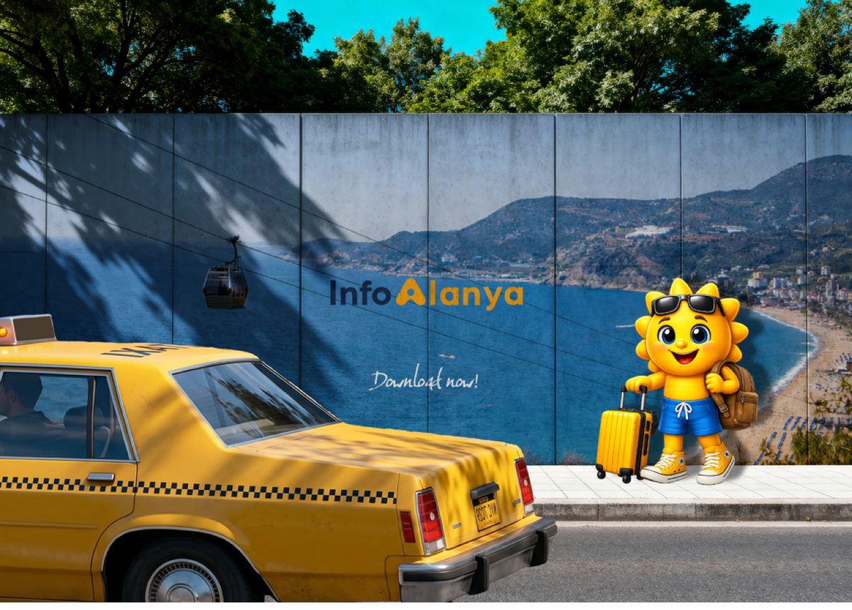 InfoAlanya billboard with the Sunny mascot