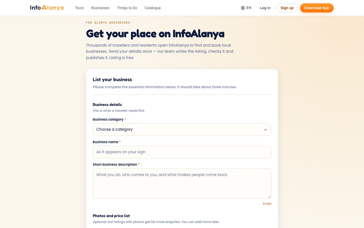 InfoAlanya business listing form